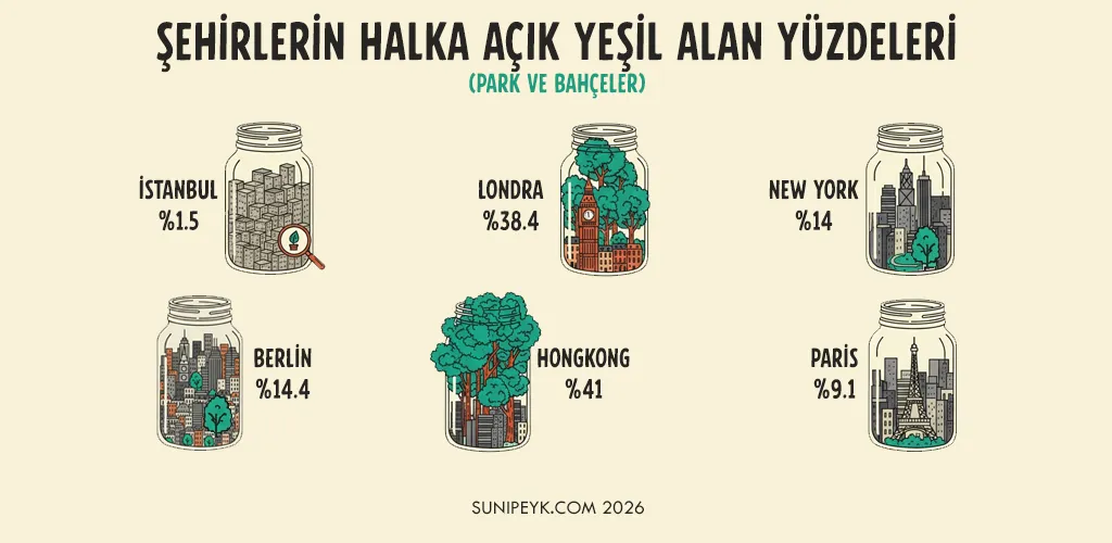 Şehirlerin yeşil alan oranlarını, yüzdelerini gösteren infografik