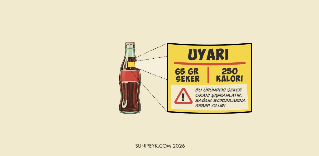 şeker uyarısı etiketi olan bir kola şişesi, etiketin üzerinde uyarı, 65 gr şeker ve 250 kalori yazıyor