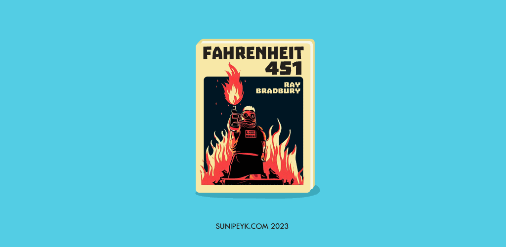 yapay zekanın çizdiği görsel ile fahrenheit 451 kitap kapağı, alevlerin içinde elinde alev silahı bir itfaiyeci