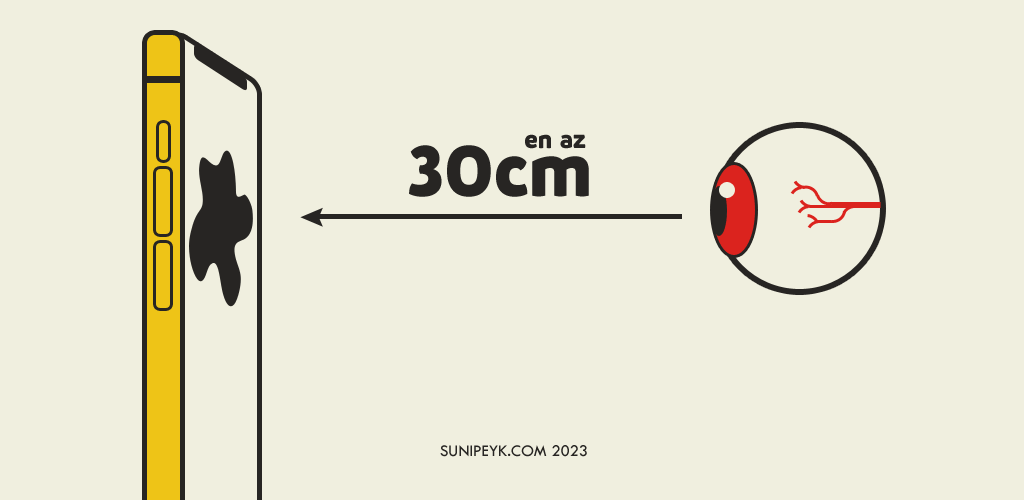 göz ve telefon ve aradaki mesafeyi gösteren bir ok ve en az 30 cm yazısı