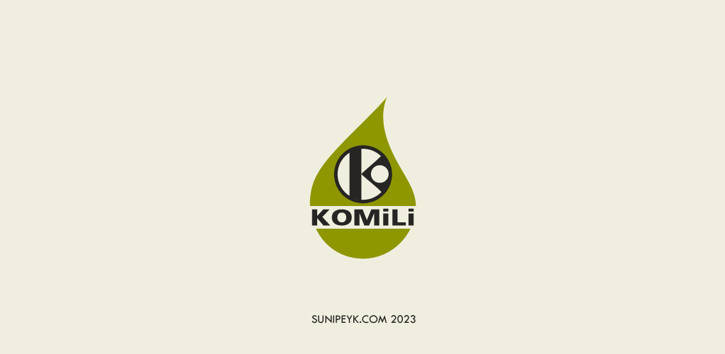 eski bilinmeyen bir Komili amblemi, logosu, yeşil zeytinyağı damlası içinde komili yazısı ve stilize bir k harfi ikonu