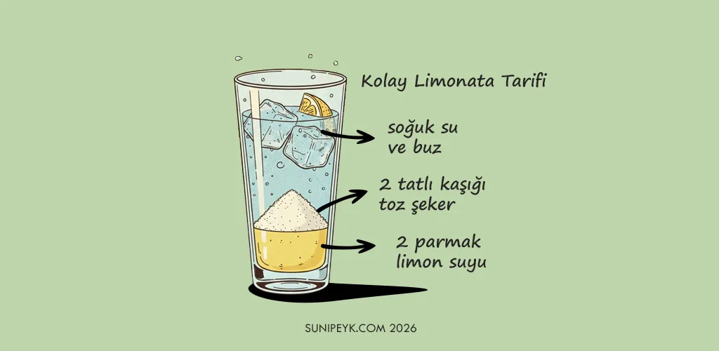 Kolay limonata tarifini gösteren, bir bardak çizimi ve içinde 2 parmak limon suyu, 2 tatlı kaşığı şeker ve üzerinde su ve buz